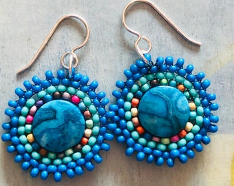 Small Dainty Blue Beaded Earrings, Handmade Boho Dangle Drop Earrings, Gift for her