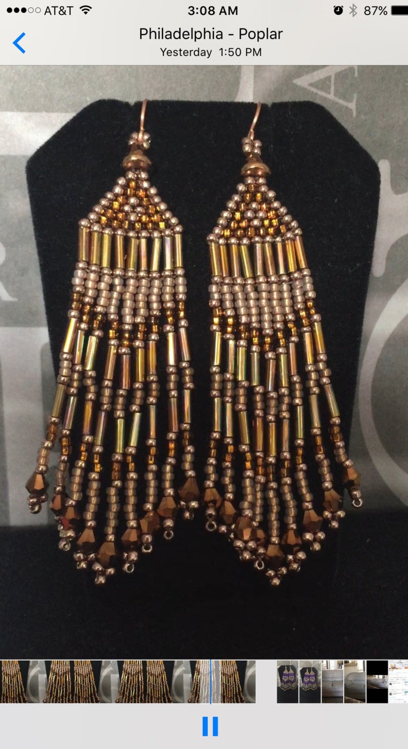 Super Long Seed Bead Earrings Beaded Copper Metallic Fringe Earrings image 3