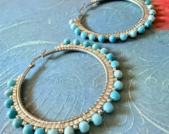 Blue Stone Hoop Earrings | Handmade Stainless Steel Gemstone Jewelry
