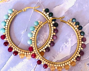 Handmade Gemstone Large Hoop Earrings Sunstone Ruby Lepidolite Gems