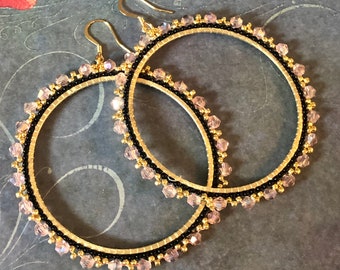 Huge Gold Hoop Dangle Earrings Extra Large Seed Bead Crystal Earrings