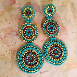 Beaded Turquoise and Ruby Triple Disc Post Earrings Beaded - Etsy