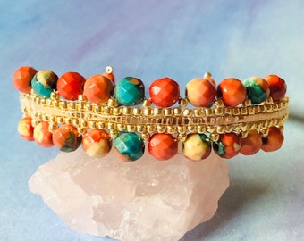 Orange Turquoise Bangle Bracelet Gemstone and Seed Bead Bangle Statement Jewelry