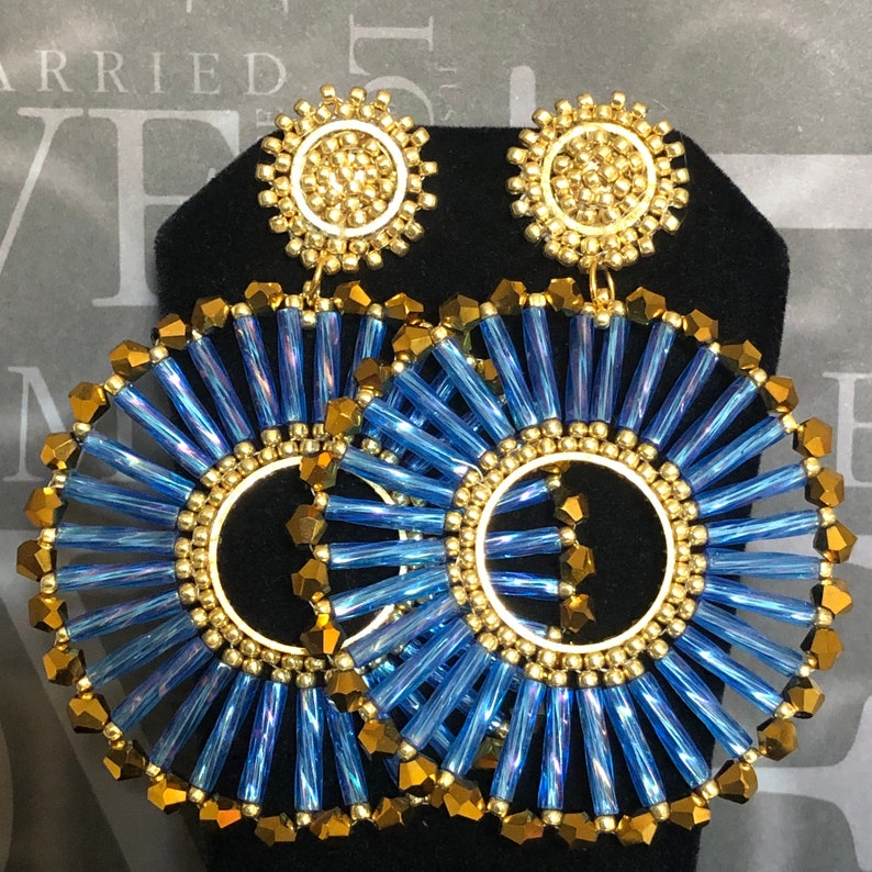 Beaded Post Earrings Blue Bugle Bead Hoop Earrings Seed Bead Etsy