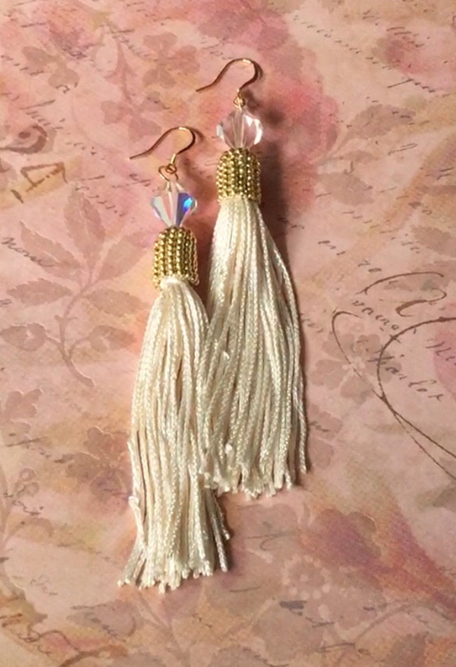 Long Seed Bead Tassel Earrings Beaded Bright Gold and Cream Etsy