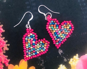 Handmade Heart Earrings Seed Bead Multicolored Valentine Dangle Earrings