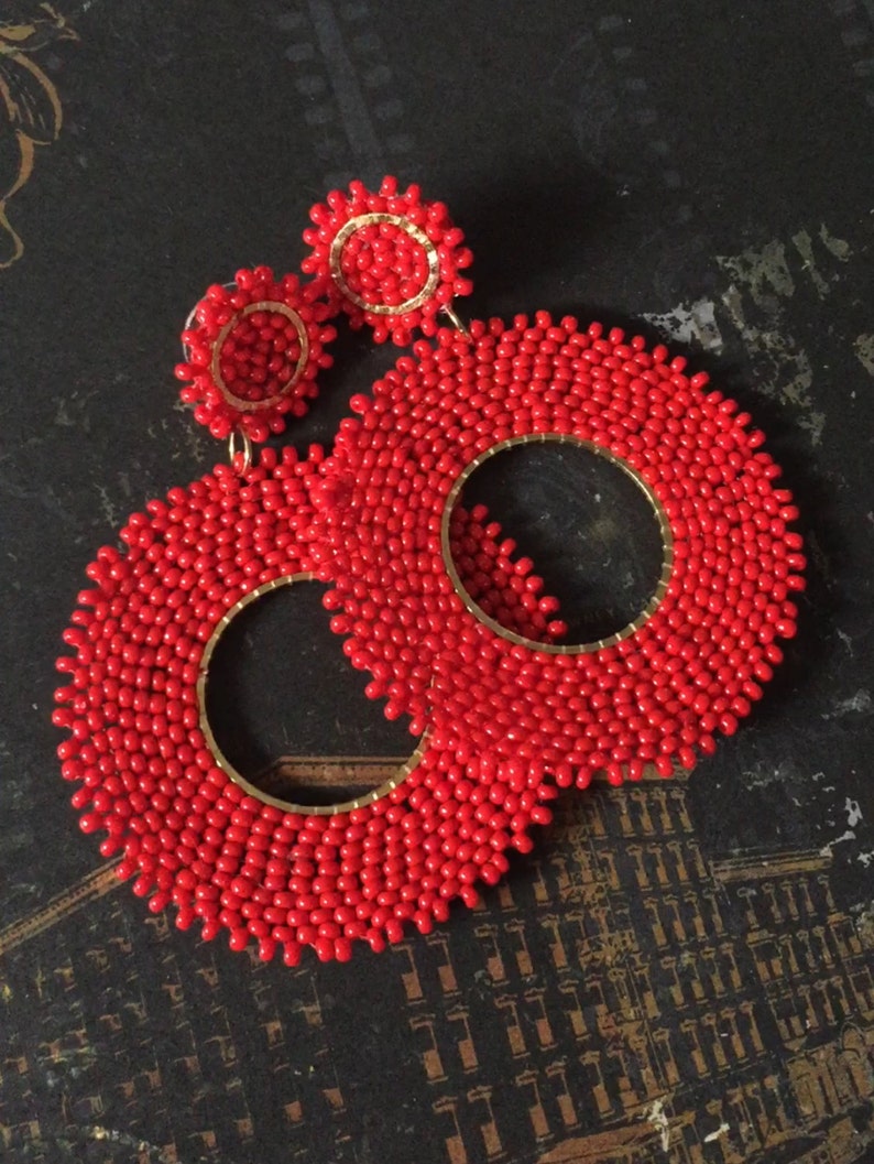 Post Red Hoop Earrings Beaded Stud Earrings Etsy