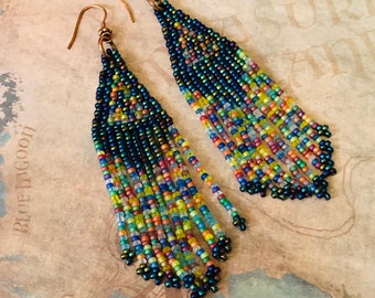 Beaded Fringe Earrings  Long Green Multicolored Boho Southwest  Statement Jewelry