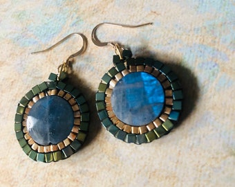 Labradorite Dangle Drop Earrings Gemstones and Seed Beads Small Beaded  Handmade Beadwork Jewelry