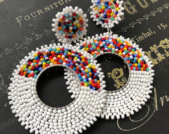 Hoop Earrings Seed Bead Earrings Post Earrings White and Multicolored Confetti Earrings