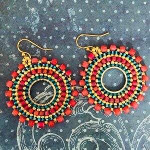 Beaded Small Hoop Earrings Aqua Berries Red and Aqua Seed Bead - Etsy