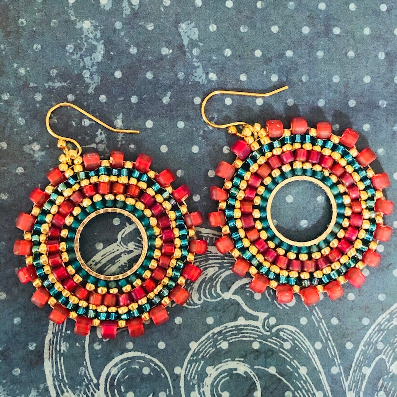 Beaded Small Hoop Earrings Aqua Berries Red and Aqua Seed Bead Earrings Beadwork Jewelry image 5