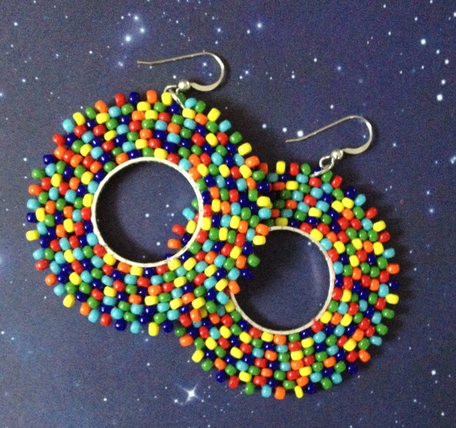Hoop Earrings Seed Bead Earrings Rainbow Beaded Hoop Earrings Etsy