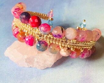 Gemstone Bracelet Multicolored Agate Bracelet Gemstone and Seed Bead Bangle Statement Jewelry