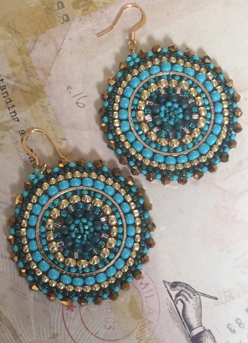 Turquoise and Gold Seed Beaded Earrings Big Bold | Etsy