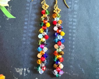 Rainbow Crystal Line Earrings | Bright Long Multicolored Dangle Earrings