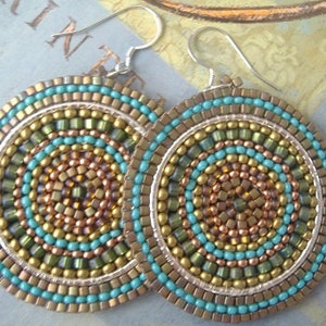 Handmade Turquoise Seed Bead Mandala Disc Dangle Earrings, Boho Statement Jewelry