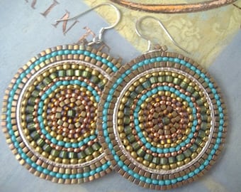 Handmade Turquoise Seed Bead Mandala Disc Dangle Earrings, Boho Statement Jewelry