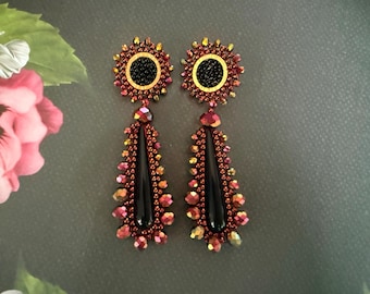 Black Beaded Statement Earrings with Iridescent Crystal Accents | Unique Post Stud Dangles