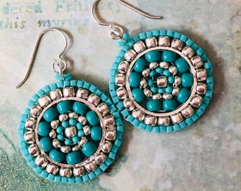 Small Beaded Dangle Earrings Turquoise and Silver Disk Earrings