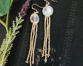 Handmade Long Beaded Fringe Tassel Earrings White and Blue Aura Crystal Boho Southwest Style Statement Jewelry Gift for Her