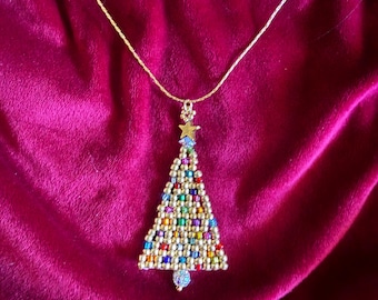 Christmas Tree Necklace |  Gold Beaded Holiday Jewelry
