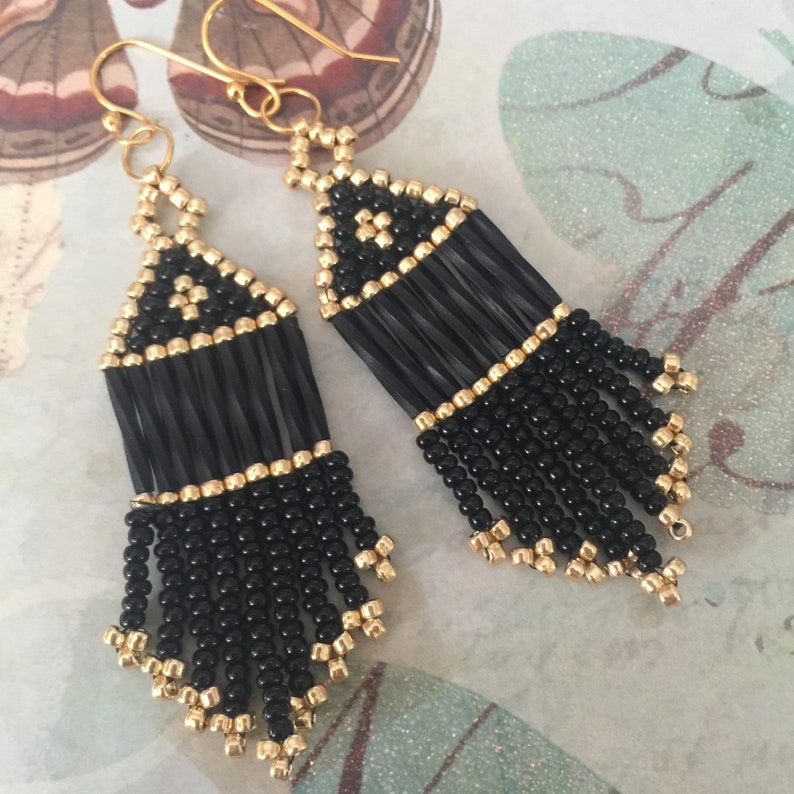 Small Beaded Black and Gold Fringe Seed Bead Earrings Beaded | Etsy