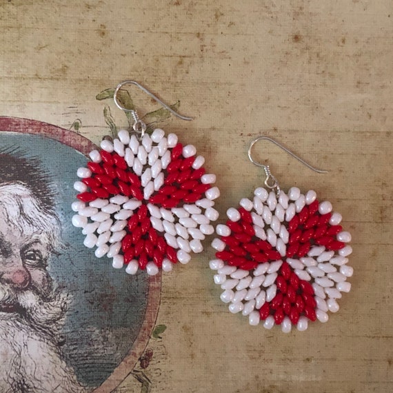 Peppermint Swirl Holiday Seed Bead Earrings Big Bold Disc | Etsy