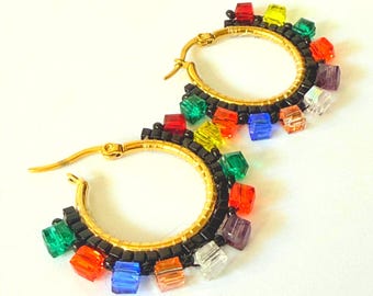 Crystal Hoop Earrings | Colorful Rainbow Statement Jewelry | Small Lightweight Dainty Hoops