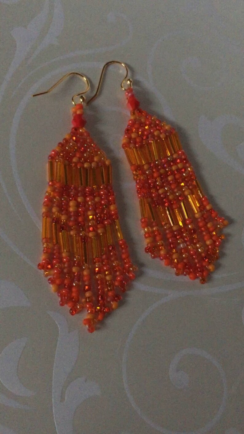 Beaded Fringe Seed Bead Earrings Bright Orange Beaded Dangle Etsy