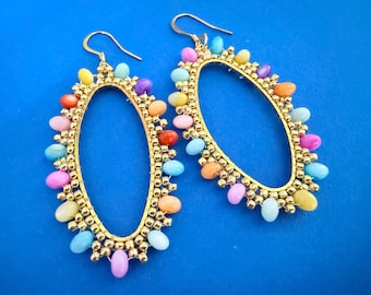 Colorful Hoop Earrings | Gold Oval Boho Dangles | Bright Multicolor Statement Jewelry