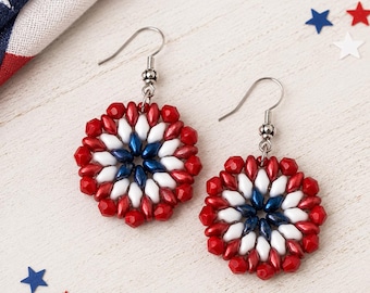 Patriotic Beaded Flower Earrings | Red White Blue Dangles | Americana Jewelry | Handmade Summer Festival Earrings