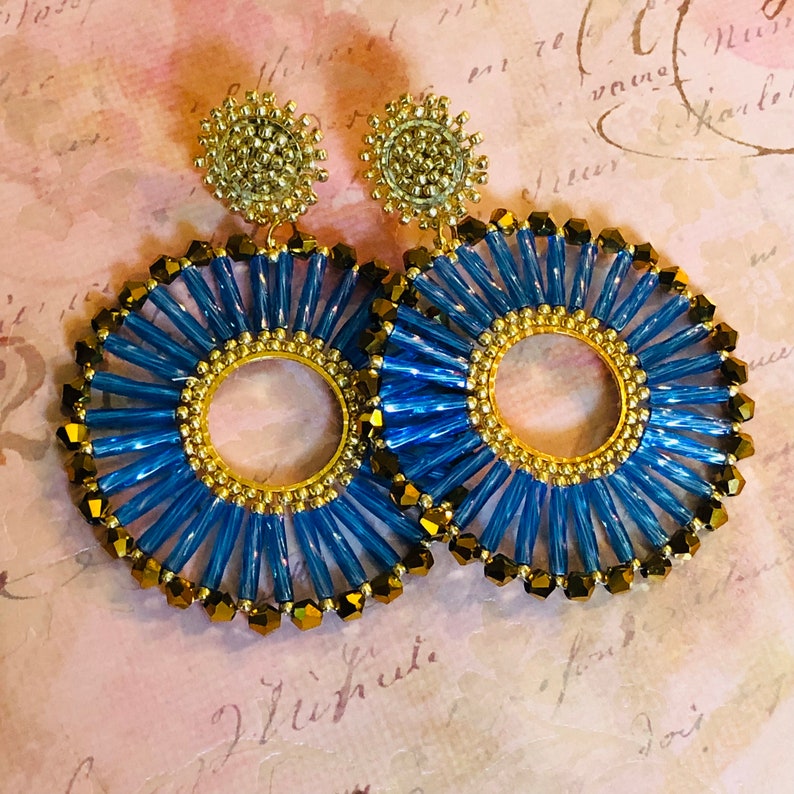 Beaded Post Earrings Blue Bugle Bead Hoop Earrings Seed Bead Etsy