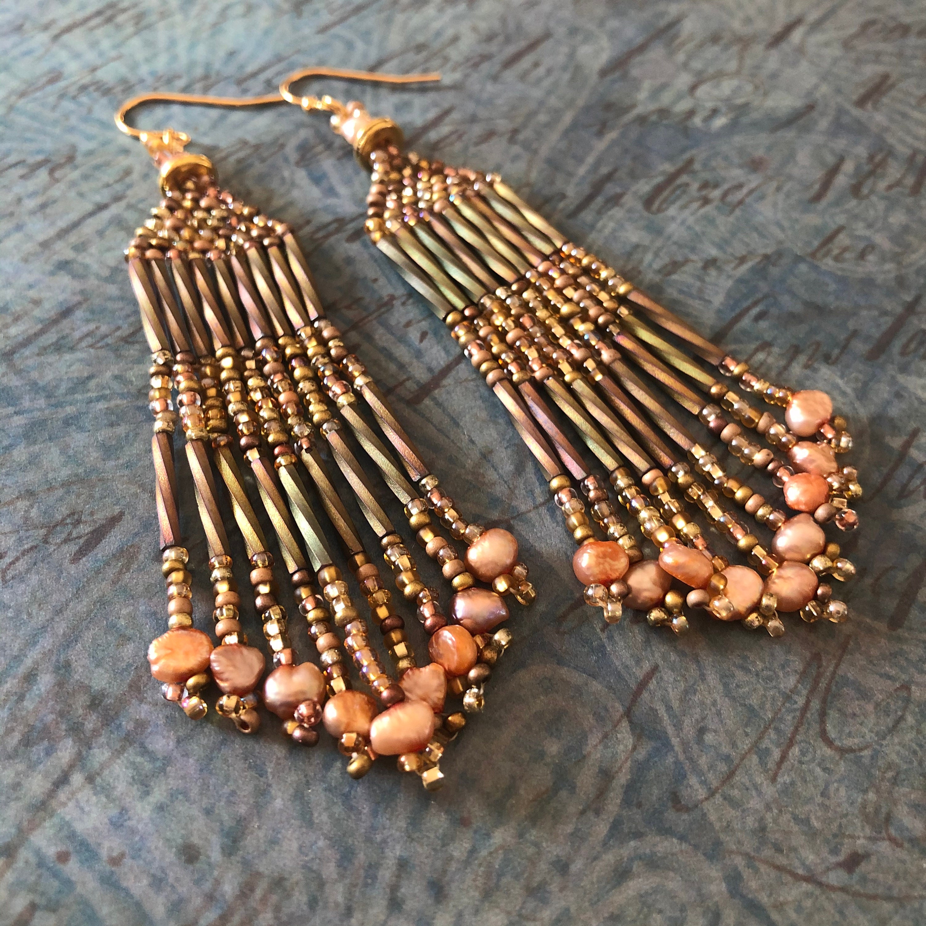 Antique Gold Seed Bead Freshwater Pearl Fringe Earrings