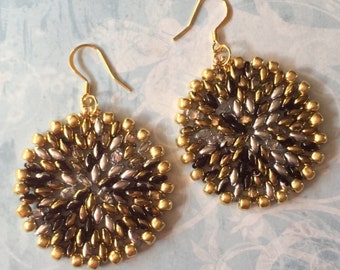 Seed Bead Earrings Large Gold Silver and Crystal Disc Earrings  Beadwork Jewelry - Statement Jewelry