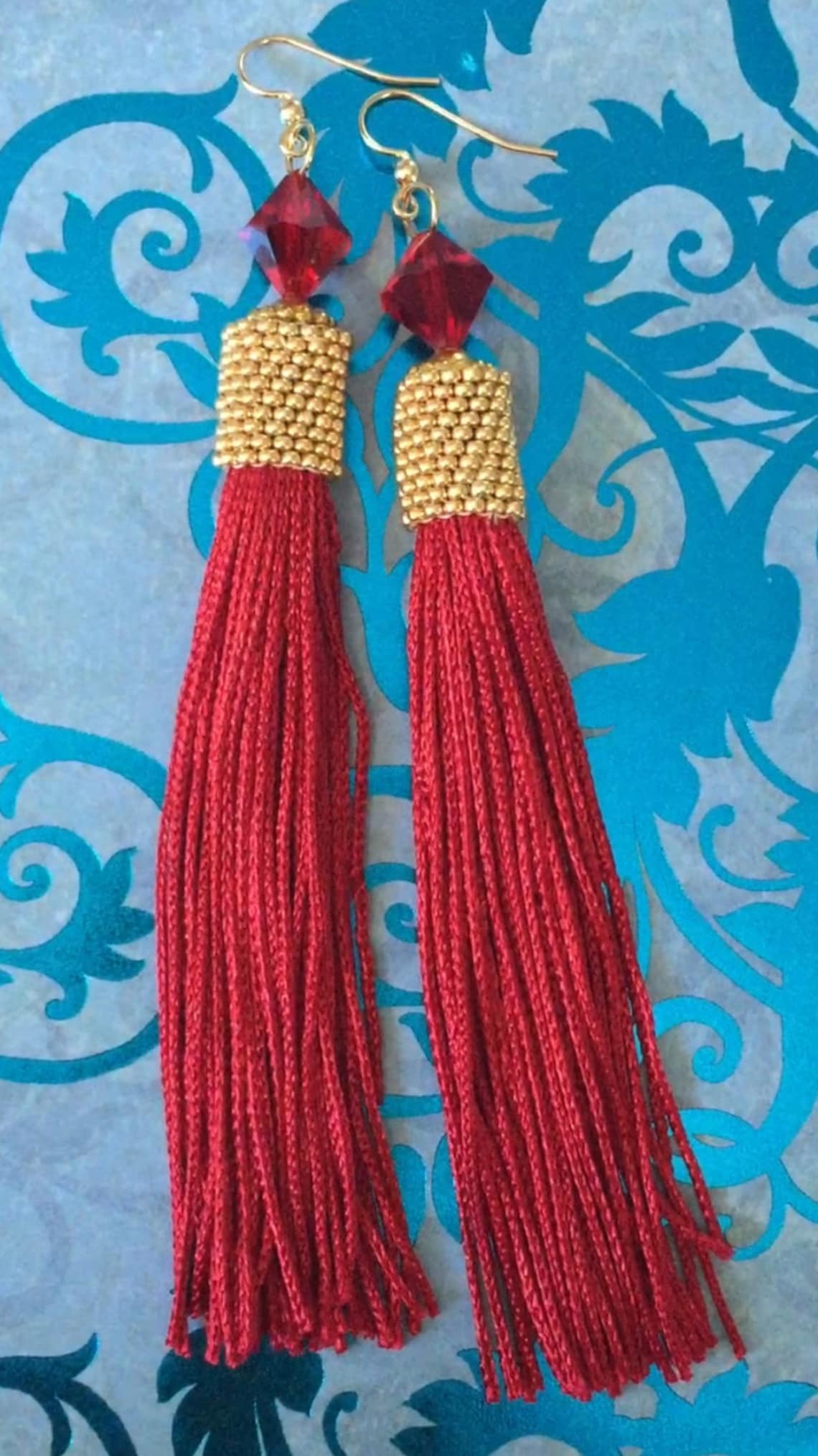 Long Seed Bead Tassel Earrings Beaded Bright Red and Gold Etsy