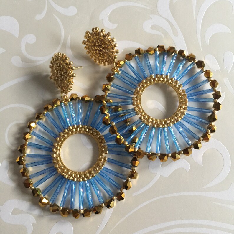 Beaded Post Earrings Blue Bugle Bead Hoop Earrings Beadwork Etsy