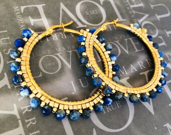 Lapis Gemstone Large Hoop Earrings Handmade Lapis Lazuli Earrings