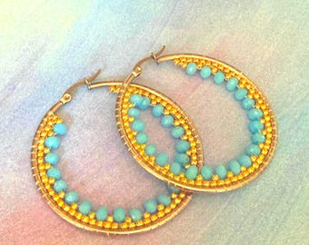 Blue Crystal Hoop Earrings | Large Statement Earrings | Hypoallergenic Stainless Steel Hoops
