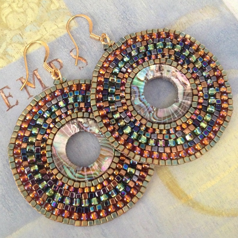 Abalone Earrings Large Seed Bead Earrings Beadwork Sea Shell Jewelry