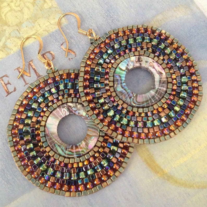 Abalone Earrings Large Boho Handmade Hoops Seed Bead Summer Beach Shell Jewelry image 1