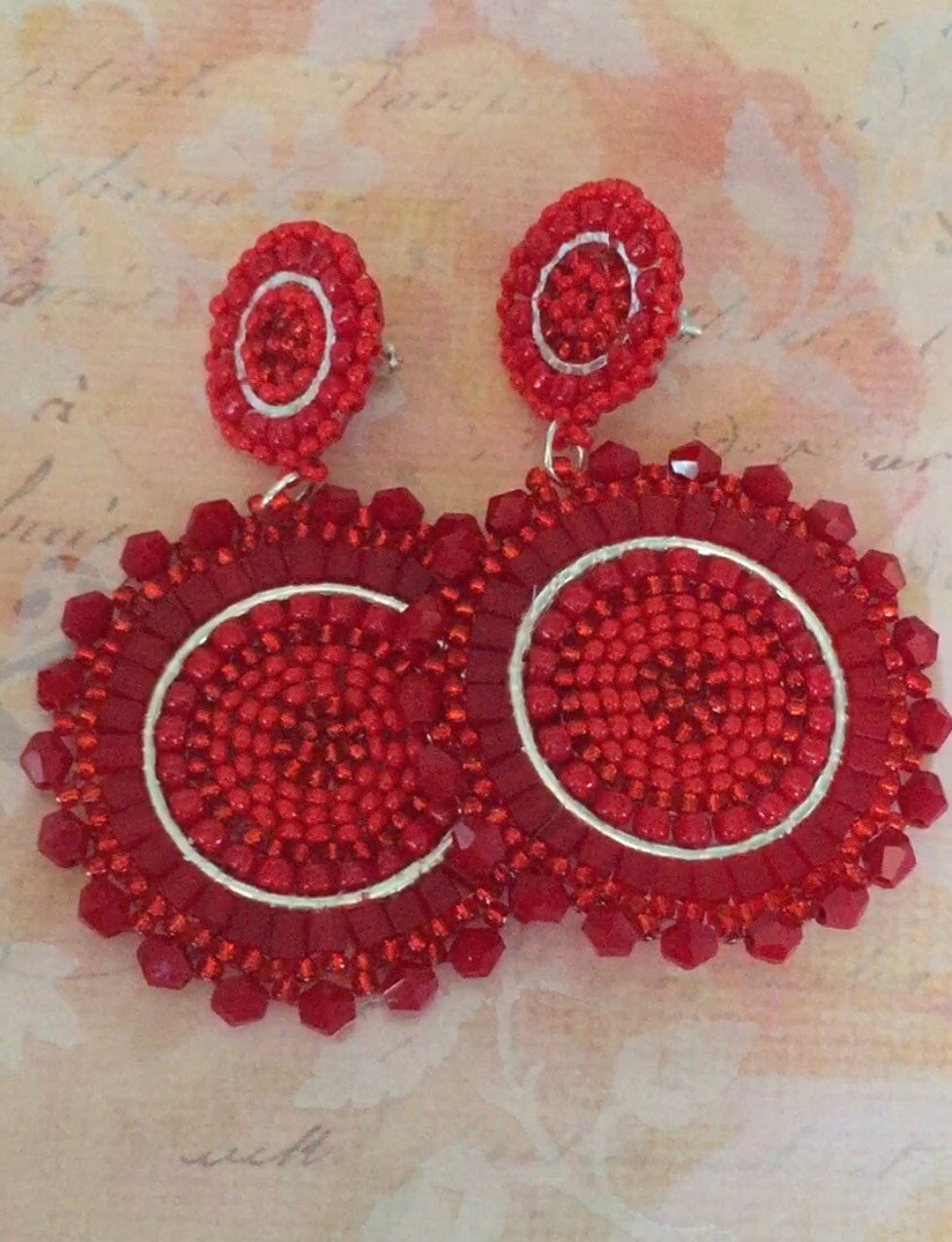 Red Seed Beaded Post and Bow Earrings main image 0