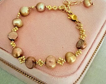Champagne Baroque Freshwater Pearl Bracelet | Handmade Adjustable Jewelry for Women