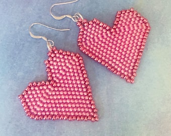 Pink Heart Earrings | Handmade Seed Bead Valentine Earrings