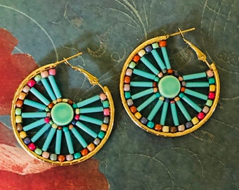 Small Hoop Earrings Post Hoop Earrings Turquoise Beaded Earrings