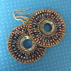 Abalone Earrings Large Boho Handmade Hoops Seed Bead Summer Beach Shell Jewelry image 4