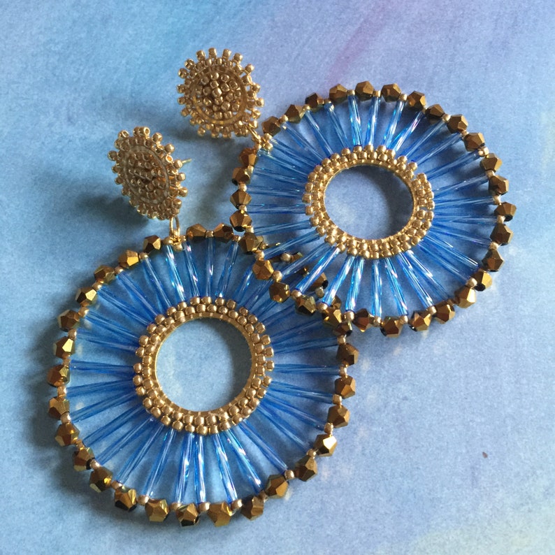 Beaded Post Earrings Blue Bugle Bead Hoop Earrings Seed Bead Etsy