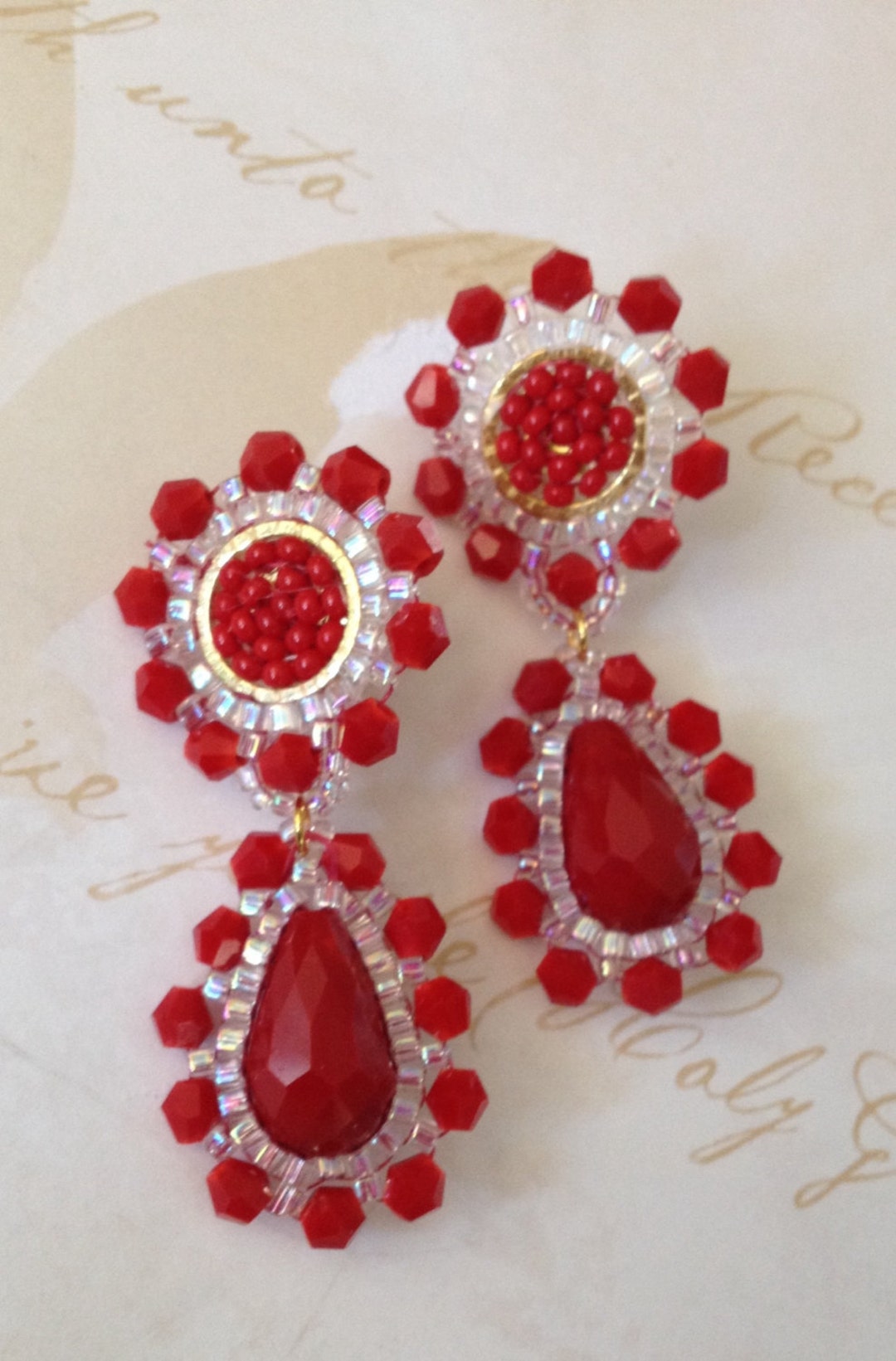 Beaded Post Earrings Red Velvet Crystal Jewely Etsy