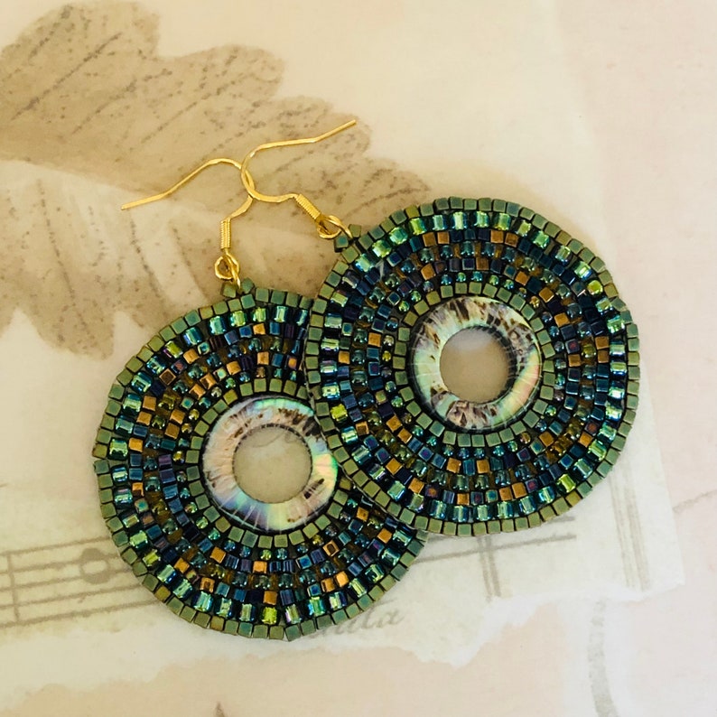 Abalone Earrings Big Boho Handmade Hoops Seed Bead Summer Beach Shell Jewelry image 4