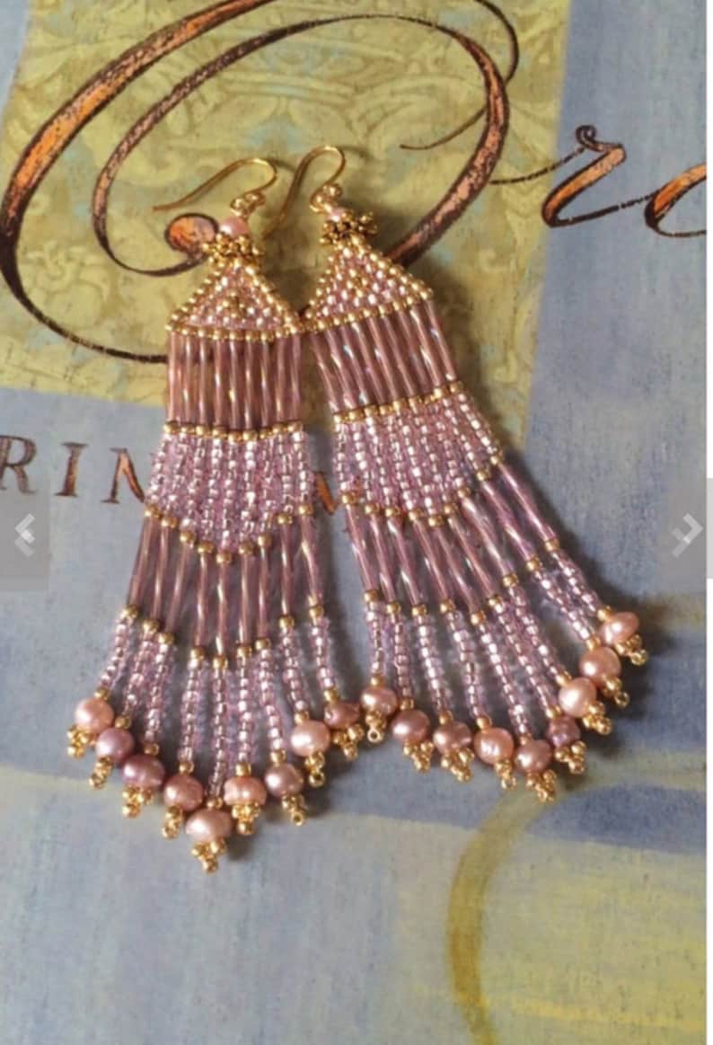 Seed Bead Long Pink and Gold Freshwater Pearl Fringe Earrings Etsy